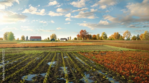 Glowing Fields Vibrant Autumn Harvest Farm Scene with Irrigation Systems in Preparation