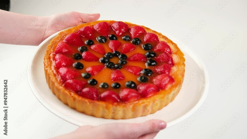 The man's hands are holding a dish of cheesecake. Appetising and tasty dessert. The man's hands are holding a dish of cheesecake. Appetising and tasty dessert.