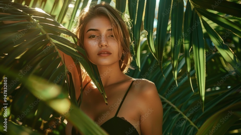 A woman is posing in a jungle setting, with her back to the camera A woman is posing in a jungle setting, with her back to the camera