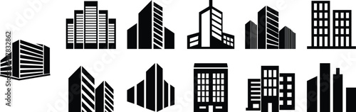 Building flat icons Set. City, Real estate, Architecture building vectors. City skyscraper, downtown. Apartment silhouette illustration isolated on transparent background. Modern and elegant styles.