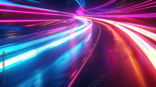 Futuristic city street light trails at night with a bright neon sign in the background