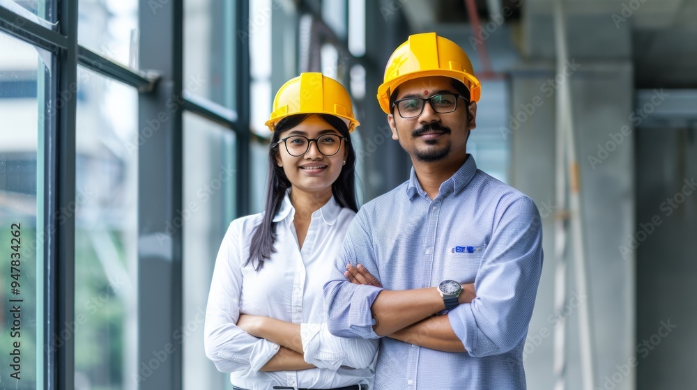 Two engineers with yellow helmets confidently stand with arms crossed in a bright, modern construction site. Two engineers with yellow helmets confidently stand with arms crossed in a bright, modern construction site.