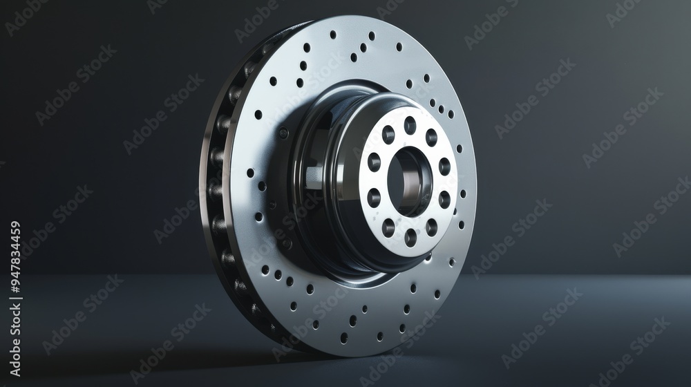 A shiny car brake disc displayed against a dark background, emphasizing its mechanical precision and industrial aesthetic. A shiny car brake disc displayed against a dark background, emphasizing its mechanical precision and industrial aesthetic.