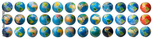 Multiple globe icons representing Earth in various styles isolated on transparent background