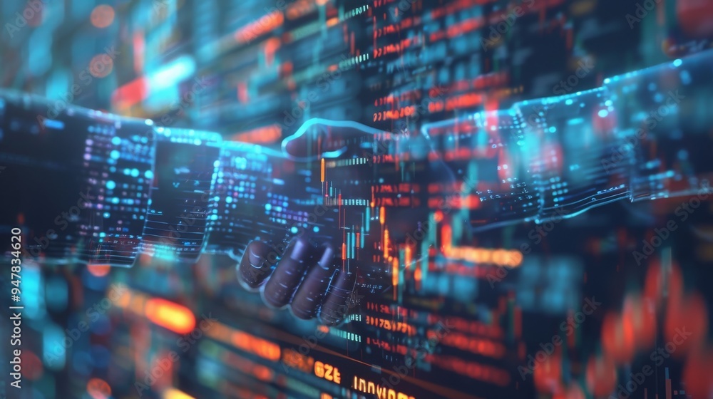 Digital Deal CloseUp Handshake with Stock Market Data Screens Overlay Finance and Technology Concept Image