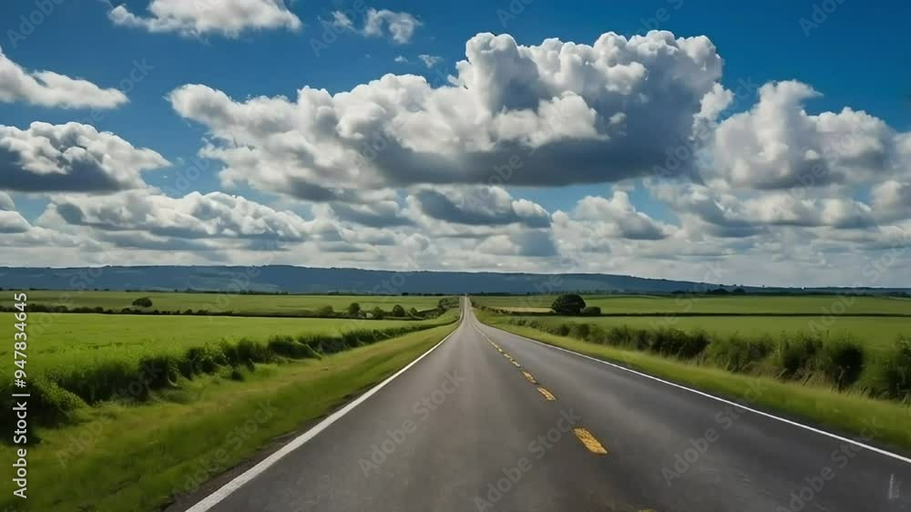 A Straight Road Cutting Through a Lush Green Field Under a Cloudy Sky A Straight Road Cutting Through a Lush Green Field Under a Cloudy Sky