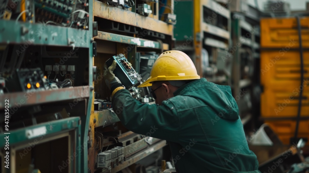 A worker in a green jacket and yellow helmet intensely examining machinery in an industrial setting, showcasing dedication and professionalism. A worker in a green jacket and yellow helmet intensely examining machinery in an industrial setting, showcasing dedication and professionalism.