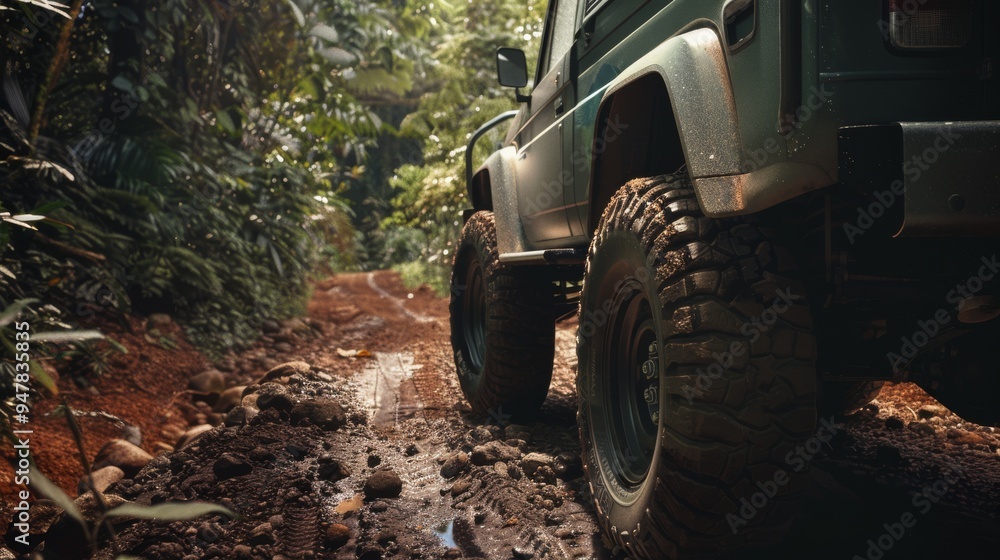 Fototapeta premium A sturdy off-road vehicle drives through a scenic, muddy trail in the dense forest, showcasing the thrill of navigating through rugged terrains and natural splendor.
