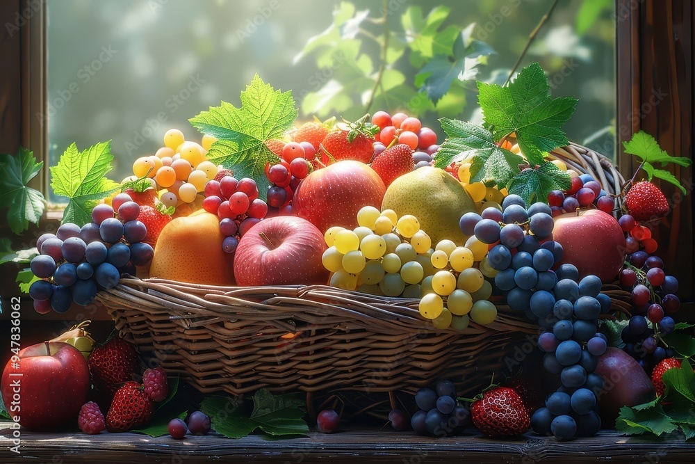 A photorealistic image of a fruit basket overflowing with colorful fruits. A photorealistic image of a fruit basket overflowing with colorful fruits.