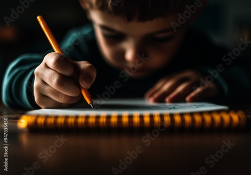 Un bambino in classe scrive concentrato su un quaderno, con la mano che impugna saldamente una penna. La scena cattura un momento di apprendimento attivo, sottolineando l'importanza della scrittura ma photo