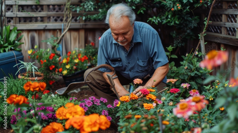An elderly man lovingly tends to vibrant flowers in his garden, creating a serene and colorful sanctuary amidst the greenery. An elderly man lovingly tends to vibrant flowers in his garden, creating a serene and colorful sanctuary amidst the greenery.
