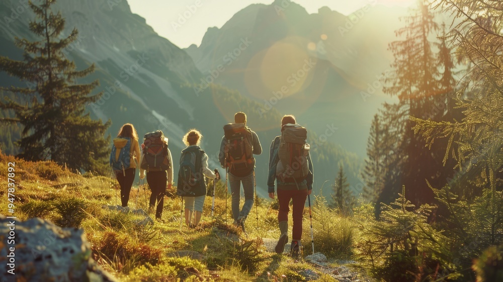 Obraz premium A group of friends enjoys a scenic mountain hike, basking in the golden rays of the sun with majestic peaks in the background.