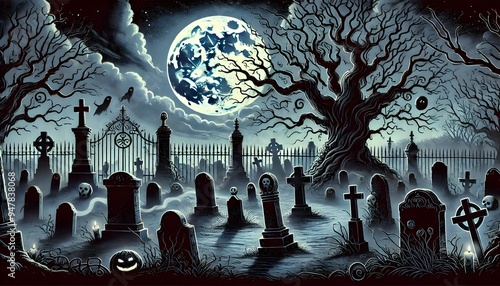 Haunted cemetery at night with eerie tombstones, ghostly figures, and a full moon.