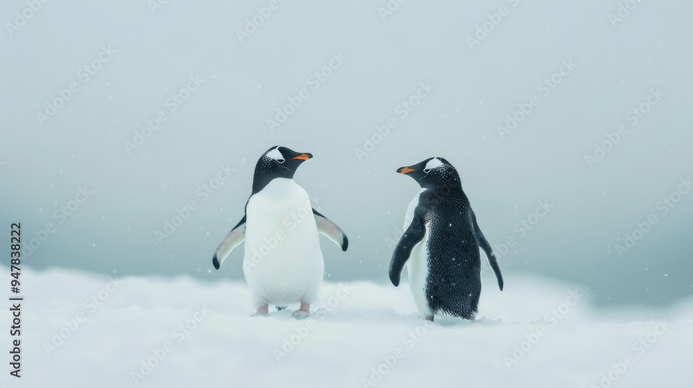 Fototapeta premium Two penguins stand on snowy ground, gazing into each other's eyes amidst gentle snowfall, capturing a moment of connection and tranquility in the icy landscape.