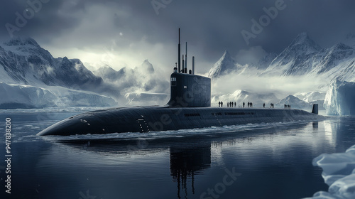 Military submarine surfacing in icy waters, dramatic lighting