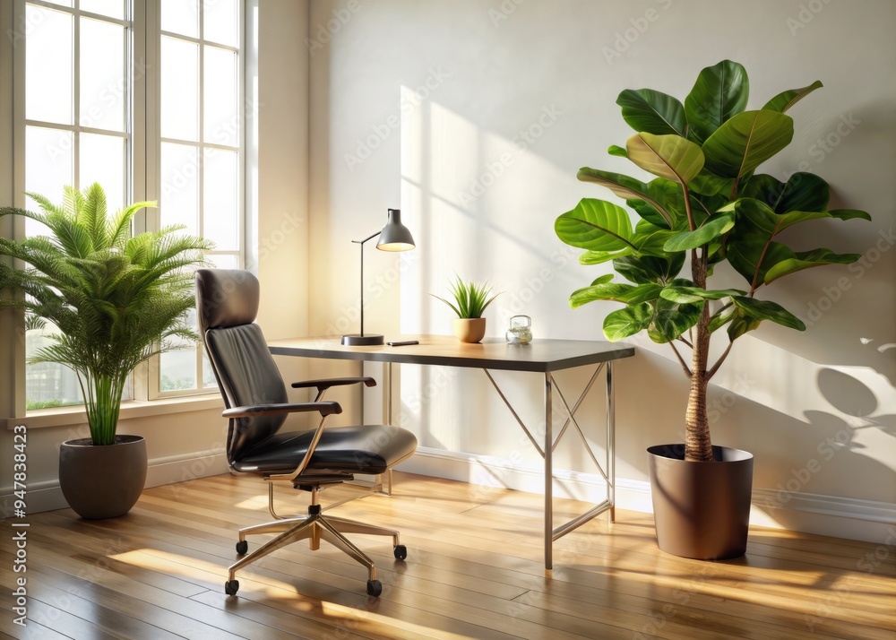 Luminous afternoons, thriving fiddle leaf fig tree, modern glass desk, sleek black chair, natural light pouring in, minimalist decor, soft focus, warm beige tone, organic elegance. Luminous afternoons, thriving fiddle leaf fig tree, modern glass desk, sleek black chair, natural light pouring in, minimalist decor, soft focus, warm beige tone, organic elegance.