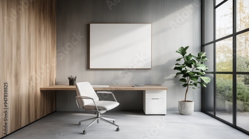 A modern office space featuring wooden elements, a sleek white office chair, a large window allowing natural light, and a potted plant, creating a fresh environment. photo