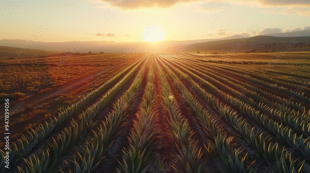 Golden Hour Aerial View Drone Captures Lush Aloe Vera Field at Dawn Golden Hour Aerial View Drone Captures Lush Aloe Vera Field at Dawn