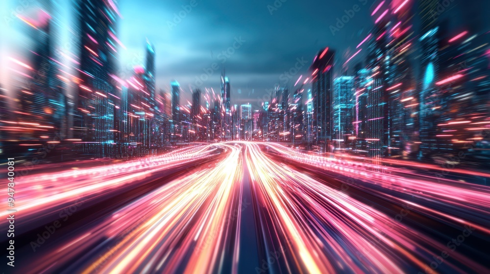 Fototapeta premium Neon Glow: Ultra Detailed Futuristic Cityscape with Advanced Transport Pathways in 32K Resolution,Generative AI