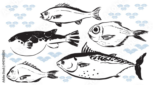 Set of cartoon sea food products. Ocean meal.  Marine fish. Bluefin tuna, Puffer, red seabeam round,  grunt, the golden snapper fish illustration in. Cooking delicatessen ingredients. Seafood of Japan