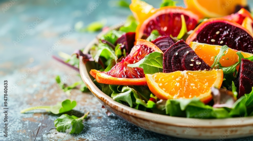 A fresh, vibrant salad featuring slices of blood orange, beets, and leafy greens, beautifully arranged for a healthy, colorful, and delicious meal. A fresh, vibrant salad featuring slices of blood orange, beets, and leafy greens, beautifully arranged for a healthy, colorful, and delicious meal.