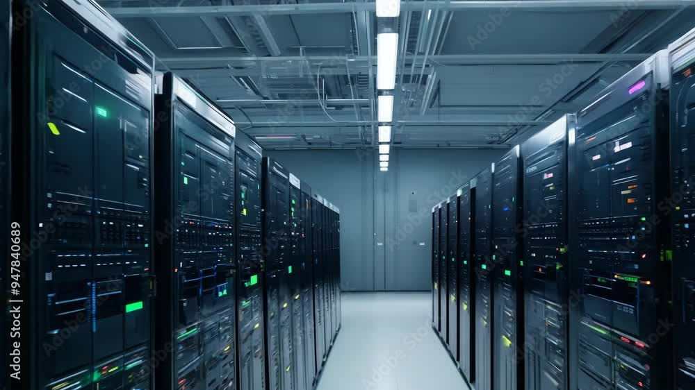 High-Tech Data Center: Flickering Lights and Close-Up of Server Equipment in Looping Animation High-Tech Data Center: Flickering Lights and Close-Up of Server Equipment in Looping Animation