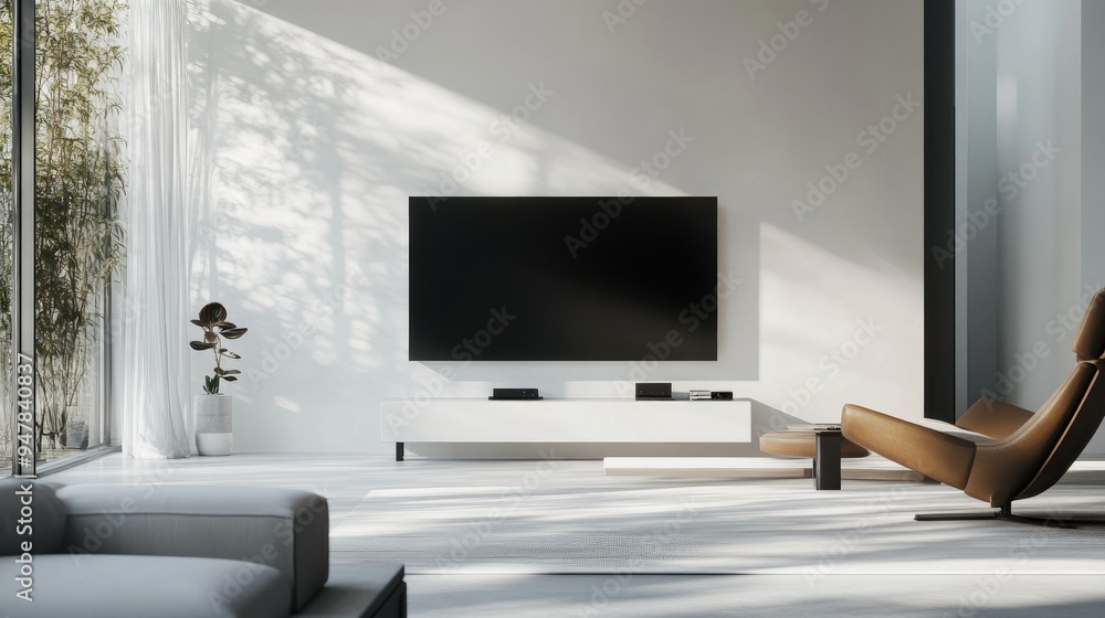 Stylish minimalist living room, highlighting a large TV on a white wall, with minimalistic furniture and a serene, monochromatic palette. Stylish minimalist living room, highlighting a large TV on a white wall, with minimalistic furniture and a serene, monochromatic palette.