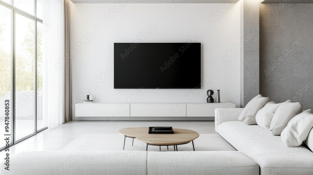 Stylish minimalist living room, highlighting a large TV on a white wall, with minimalistic furniture and a serene, monochromatic palette. Stylish minimalist living room, highlighting a large TV on a white wall, with minimalistic furniture and a serene, monochromatic palette.