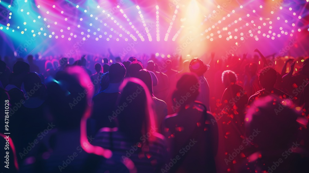 Crowd under neon lights, bokeh effect and beautiful mind visuals, rave atmosphere Crowd under neon lights, bokeh effect and beautiful mind visuals, rave atmosphere