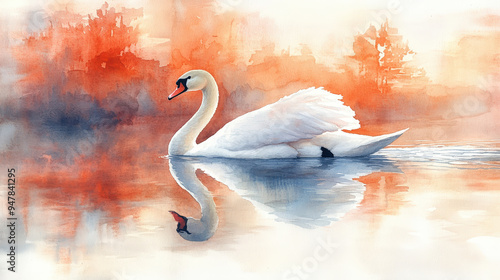 Fototapeta Naklejka Na Ścianę i Meble -  Gracious swans glide gracefully on a serene lake, their white feathers reflecting in the crystal-clear water
