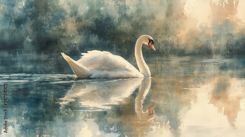 Graceful swan gliding on a pond, elegant watercolor, soft reflections 
