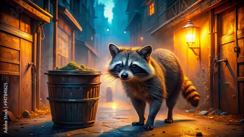 Mischievous raccoon rummaging through vibrant neon-lit city alleyway trash cans at dusk, amidst eerie shadows and fog, with rustic textures and warm golden tones. photo