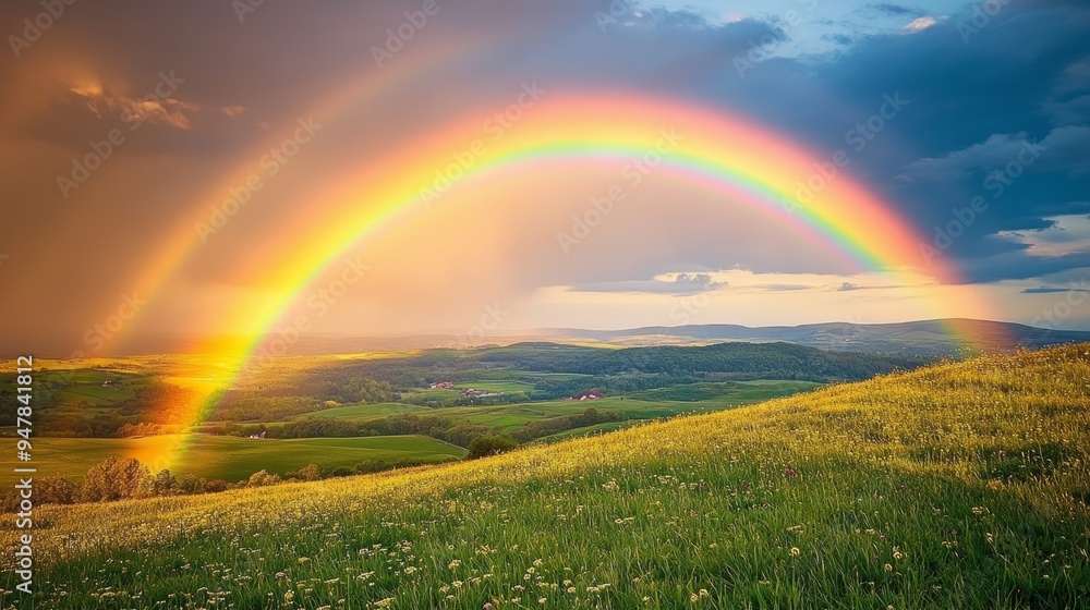 Bright rainbow over a rural landscape after a rainstorm, colorful weather, hope and renewal Bright rainbow over a rural landscape after a rainstorm, colorful weather, hope and renewal