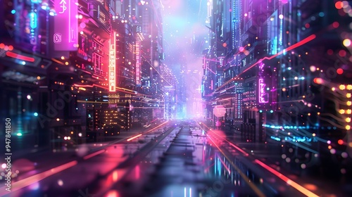 Futuristic Cityscape with Neon Lights and Digital Effects