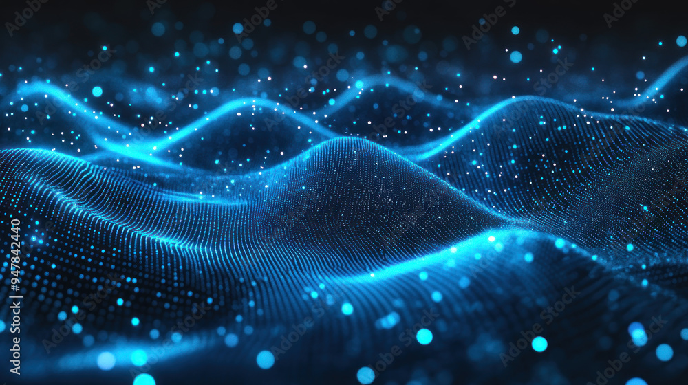 Fototapeta premium Abstract blue glowing waves with particles on a dark background.