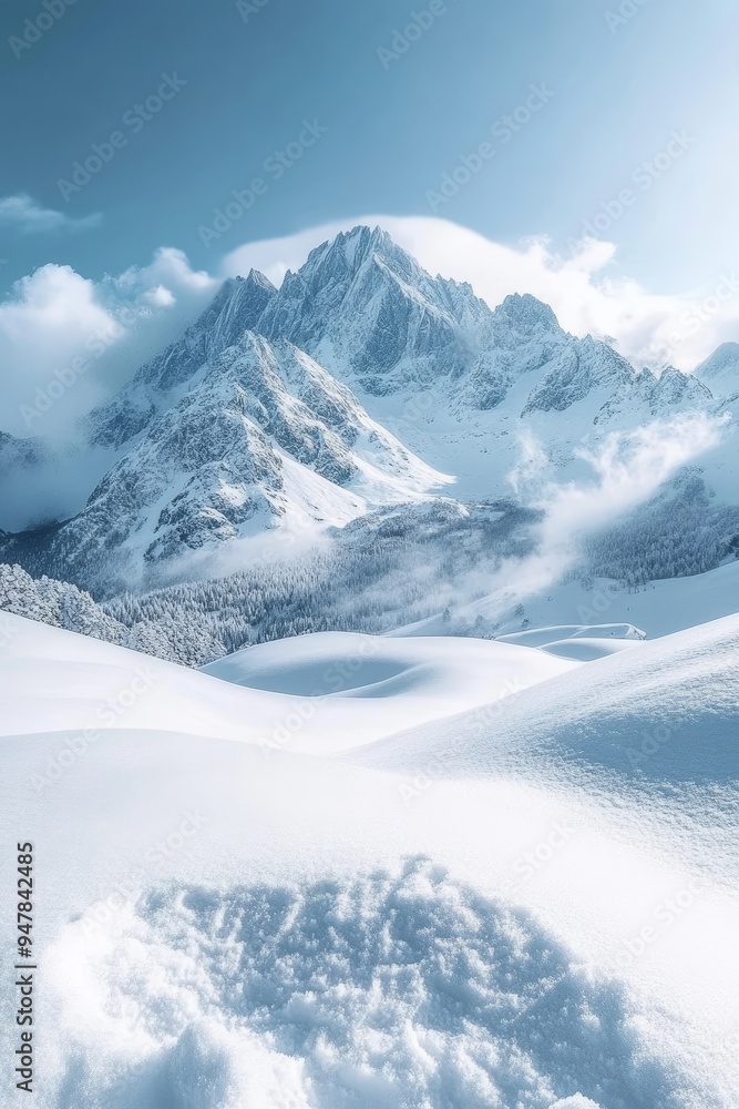 Obraz premium Snow-capped mountains under a clear blue sky, winter weather, cold and majestic