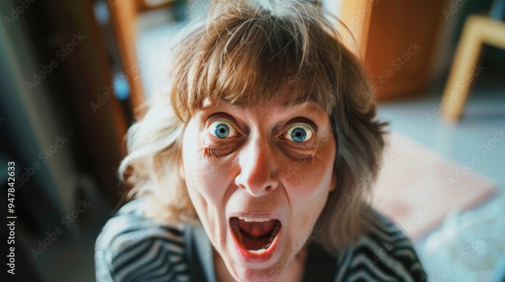 A woman with a wide-eyed expression of surprise or shock, framed up close, highlighting intense emotions and dynamic facial features. A woman with a wide-eyed expression of surprise or shock, framed up close, highlighting intense emotions and dynamic facial features.