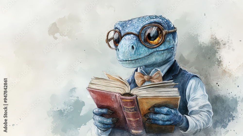 Librosaurus Blue dinosaur in a librarian’s uniform, holding a stack of books Stock ...