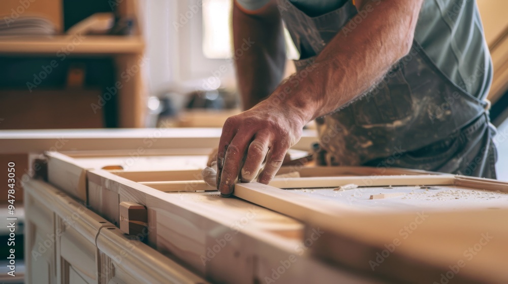A carpenter deeply focused on crafting a wooden frame, showcasing skill, dedication, and the art of woodworking. A carpenter deeply focused on crafting a wooden frame, showcasing skill, dedication, and the art of woodworking.