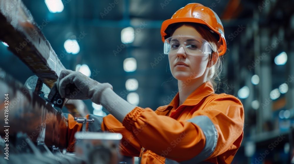 A confident female factory worker in an orange safety uniform and helmet works on machinery in a well-lit factory space, exuding professionalism and dedication. A confident female factory worker in an orange safety uniform and helmet works on machinery in a well-lit factory space, exuding professionalism and dedication.