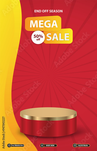 end of season sale discount portait template banner with blank space 3d podium for social media post product sale with abstract gradient red background design12 photo