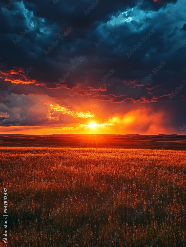 Sun setting behind a line of thunderstorms on the horizon, dramatic weather, contrast of light and dark Sun setting behind a line of thunderstorms on the horizon, dramatic weather, contrast of light and dark