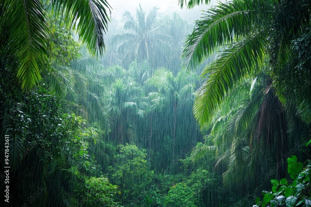 Tropical rain shower over a dense jungle, wet weather, lush and vibrant Tropical rain shower over a dense jungle, wet weather, lush and vibrant