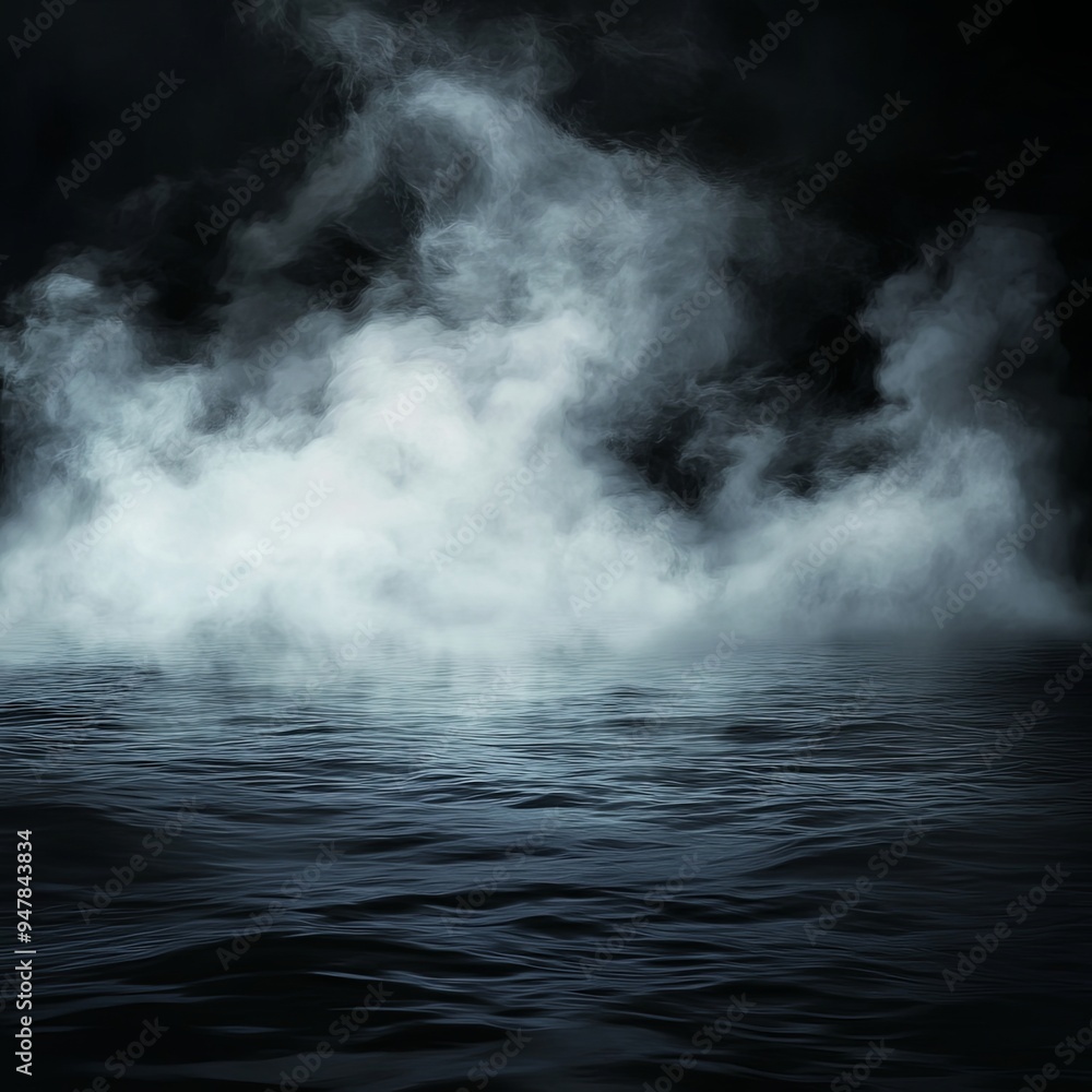 Fototapeta premium Smoke clouds above black water surface. Vector realistic illustration of white fog, steam, mist over spooky sea waves, dark river splashing in scary smog, mysterious Halloween atmosphere, horror night