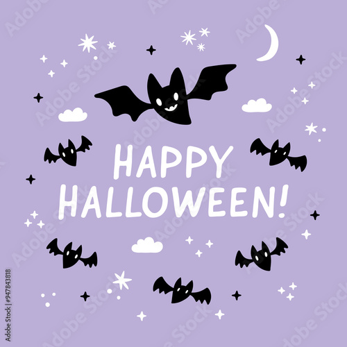 Pastel violet Happy Halloween card. Bats, stars, clouds, moon lilac background. Square social media quote post cover.