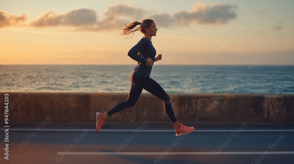 Fototapeta premium Woman jogging along a coastal road at sunset, enjoying the sea breeze and vibrant colors of the evening sky