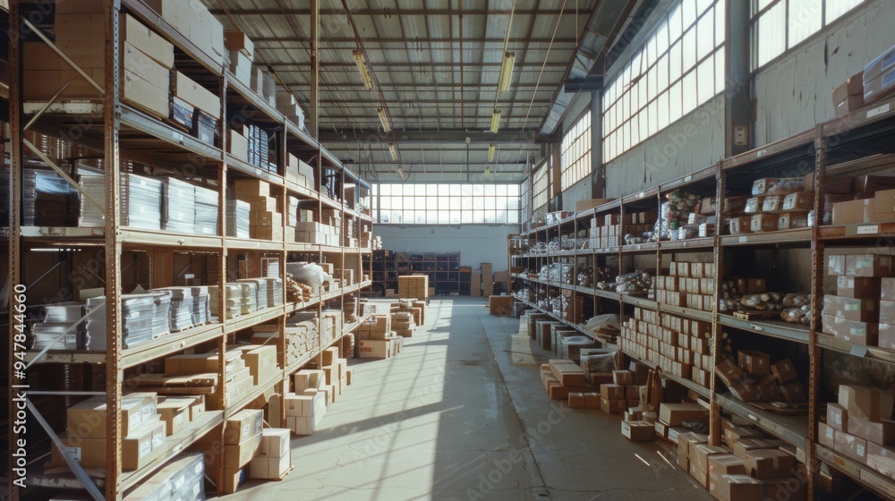 A spacious warehouse with tall shelves filled with boxes, bathed in natural light, capturing the essence of industrial organization and storage. A spacious warehouse with tall shelves filled with boxes, bathed in natural light, capturing the essence of industrial organization and storage.