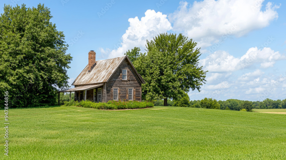 Charming Rustic Farmhouse Nestled in a Lush Green Meadow with Picturesque Cloudscape Charming Rustic Farmhouse Nestled in a Lush Green Meadow with Picturesque Cloudscape