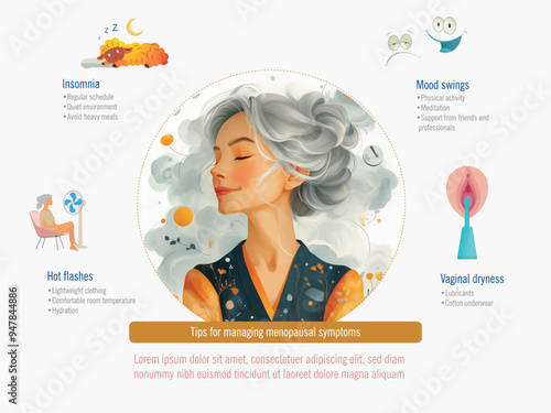 Graphic showing common symptoms of menopause, such as insomnia, mood swings and vaginal dryness, with advice on how to manage them.menopause woman concept.(image woman made with AI the rest vectors).