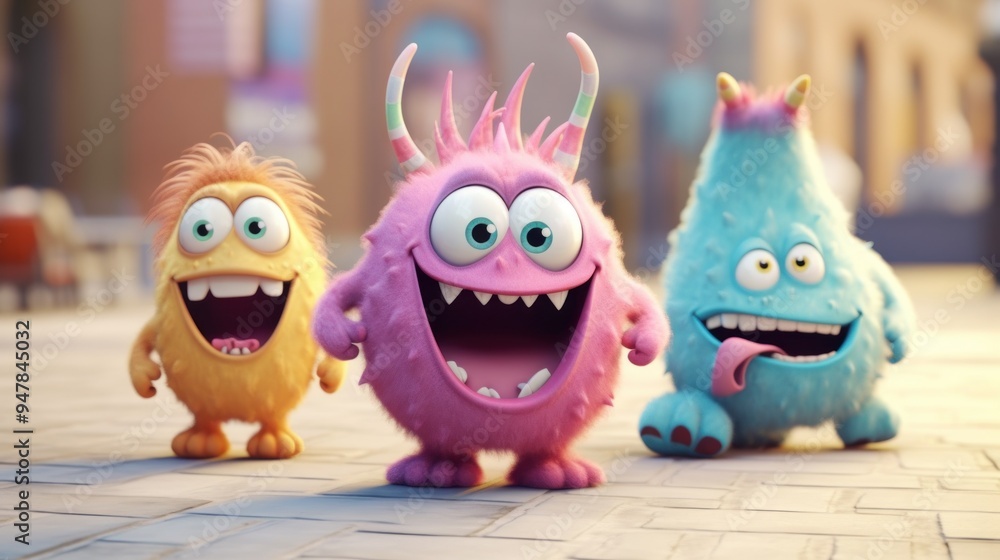 Fototapeta premium Three Cute Cartoon Monsters in a City Street